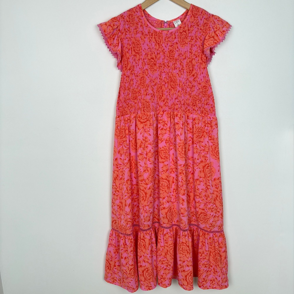 Melrose & Market Smocked Tiered Floral Midi Dress‎ XL Pink Orange Cottage Modest